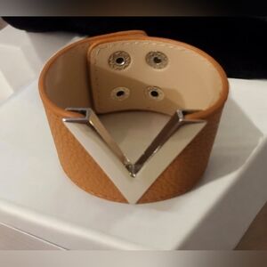 Womens Jewelry Punk Faux Leather Snap Burnt Orange and Silver V Cuff Bracelet